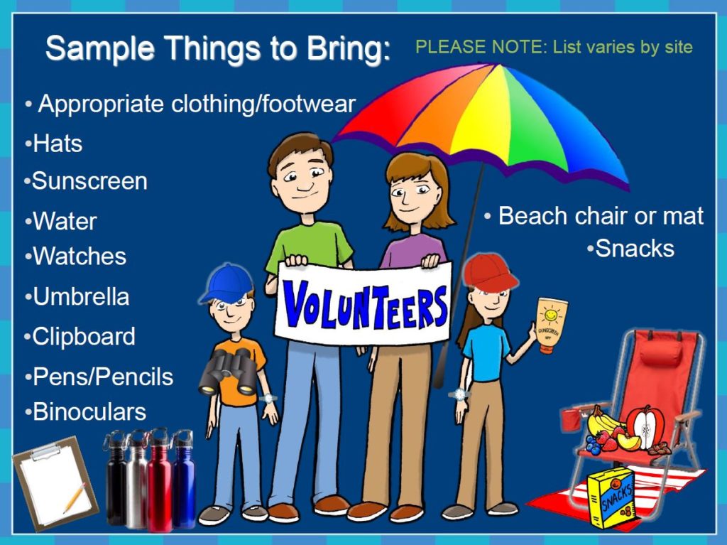 Sample of what to bring to an Ocean Count Saturday — binoculars, hat, water, snacks, layers, and a clipboard laid out on a table.